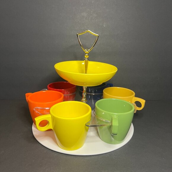 VTG RARE Boonton 2 Tier Tid-Bit Carousel Drink Caddy w/ 6 Colorful Melamine Mugs - Picture 2 of 9